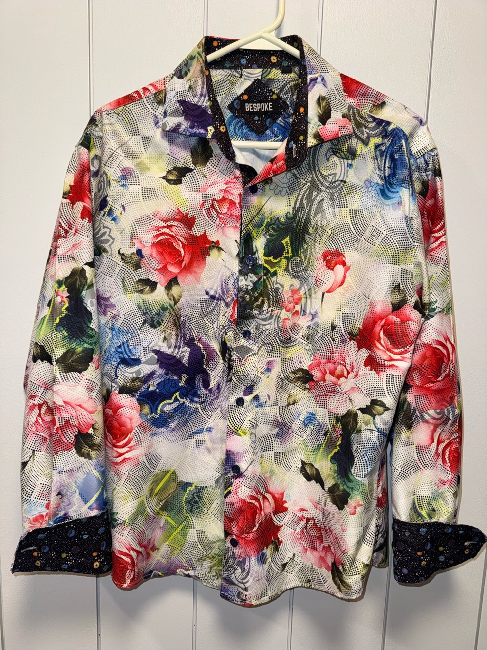 Bespoke Men’s Floral Button-Down Shirt in Red, Blue, Purple, Green and Cream